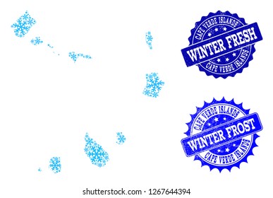 Freeze map of Cape Verde Islands and rubber stamp seals in blue colors with Winter Fresh and Winter Frost texts. Mosaic map of Cape Verde Islands is designed with ice elements.