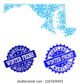 Freeze map of Maryland State and distress stamp seals in blue colors with Winter Fresh and Winter Frost captions. Mosaic map of Maryland State is created with ice elements.
