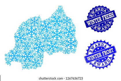 Freeze map of Rwanda and scratched stamp seals in blue colors with Winter Fresh and Winter Frost texts. Mosaic map of Rwanda is formed with ice elements.