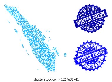 Freeze map of Sumatra Island and rubber stamp seals in blue colors with Winter Fresh and Winter Frost titles. Mosaic map of Sumatra Island is formed with ice elements.