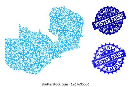 Freeze map of Zambia and scratched stamp seals in blue colors with Winter Fresh and Winter Frost captions. Mosaic map of Zambia is composed with ice elements.