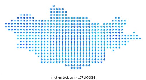 Freeze Mongolia Map. Vector geographic map in blue icy colors. Vector pattern of Mongolia Map done of ice crystals.