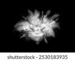 Freeze motion of white dust explosion on black background. Vector isolated realistic flour or sand burst, splash of paint. Holi festival throwing dye, flour or steam, mist or fog effect