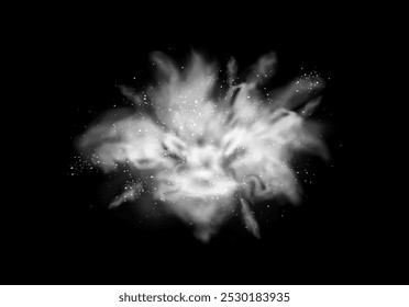 Freeze motion of white dust explosion on black background. Vector isolated realistic flour or sand burst, splash of paint. Holi festival throwing dye, flour or steam, mist or fog effect