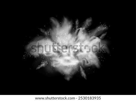 Freeze motion of white dust explosion on black background. Vector isolated realistic flour or sand burst, splash of paint. Holi festival throwing dye, flour or steam, mist or fog effect