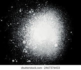 Freeze motion of white powder explosion isolated on black background. White snow cloud, mist, fog or smoke. Abstract grunge powder splatted in festival. Closeup white dust explode wide splash design