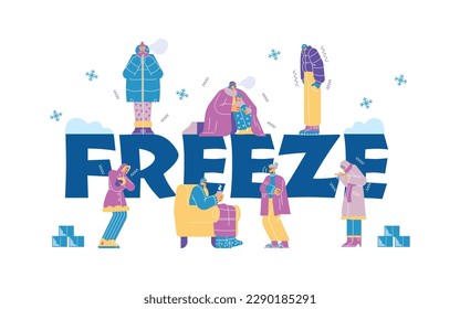 Freeze typographic header, people freezing - flat vector illustration isolated on white background. Characters shivering from cold outside and inside. Banner template with text.