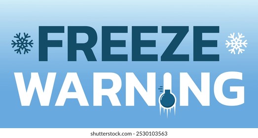 Freeze warning banner. Gradient background with text, snowflakes and a frozen thermometer. Winter weather concept. Vector illustration.