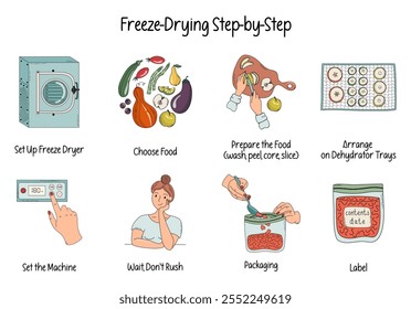 Freeze-Drying stages. Timeline infographic of home preserving process. Home canning, food preservation concept. Hand drawn doodle style vector illustration.