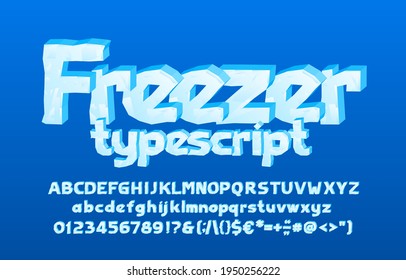 Freezer Alphabet Font. 3D Cartoon Ice Letters, Numbers And Punctuation. Uppercase And Lowercase. Stock Vector Typescript For Your Typography Design.