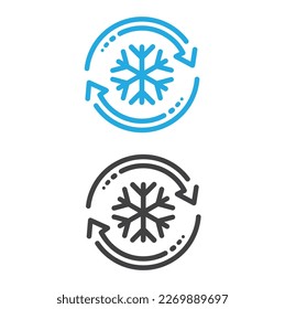 Gefriersteuersymbol, automatische Kühlung oder Entfrostung, Konditionierung Auto oder Haus, Schneeflocke mit rotierenden Pfeilen.