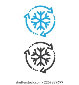 Icono de control congelador, enfriamiento automático o descongelación, acondicionamiento de coche o casa, copo de nieve con flechas de rotación.