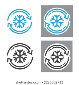 Freezer control icon, auto cooling or defrost, conditioning car or house, snowflake with two rotation arrows.