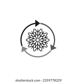 Freezer control icon. Conditioning car or house icon. Auto cooling or defrost icon. Snowflake with three rotation arrows. Vector illustration. EPS 10.