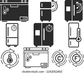 Gefrierkontrollsymbol eingestellt, Temperaturregler Symbol auf schwarz Vektorgrafik eingestellt