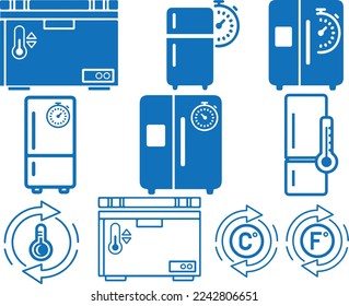 Freezer control icon set, temperature controller icon set blue vector