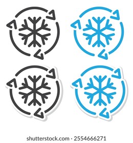 Freezer control icon, sticker, auto cooling or defrost, conditioning car or house, snowflake with two rotation arrows.