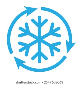 Freezer control vector icon. Cold Temperature symbol. Freezing, auto cooling or defrost flat sign. Air conditioning pictogram. Snowflake with three rotation arrows. Isolated on white background.