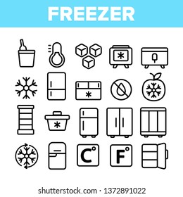 Freezer, Cooling Appliance Linear Vector Icons Set. Frosting and Icing Thin Line Contour Symbols. Cold Storage Pictograms. Refrigerator, Fridge, Ice Chest. Deep Freeze Outline Illustrations Pack