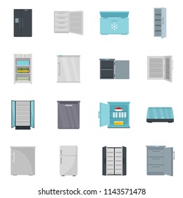 Freezer fridge frozen ice icons set. Flat illustration of 16 freezer fridge frozen ice vector icons isolated on white
