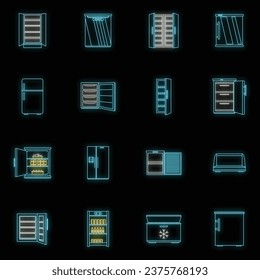 Freezer fridge frozen ice icons set. Outline illustration of 16 freezer fridge frozen ice vector icons neon color on black