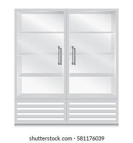 Freezer and glass door fridge with door handle open on the right and left on white background.