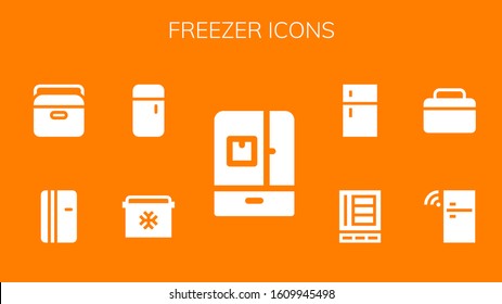 freezer icon set. 9 filled freezer icons. Included Fridge, Refrigerator, Portable fridge icons