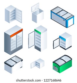 Freezer icon set. Isometric set of freezer vector icons for web design isolated on white background
