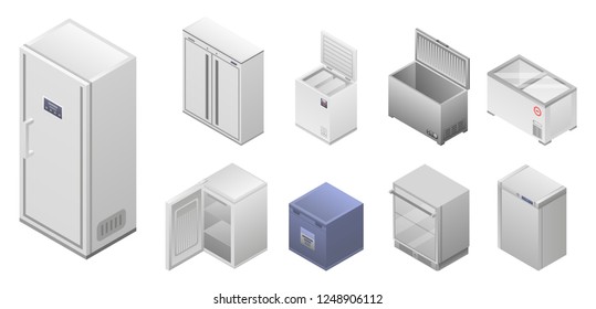 Freezer icon set. Isometric set of freezer vector icons for web design isolated on white background