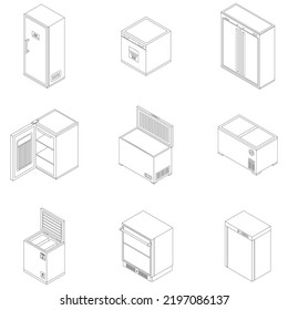 Freezer icon set. Isometric set of freezer vector icons outline thin lne isolated on white