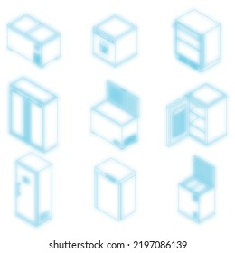Freezer icon set. Isometric set of freezer vector icons neon color on black