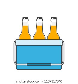 Freezer-bag in blue color. Cooler bag with beer bottles. Portable cooler icon. Isolated vector illustration on white background.