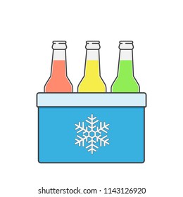 Freezer-bag in blue color. Vector illustration of drinks in a small refrigerator. Cooler bag. Isolated vector illustration on white background.