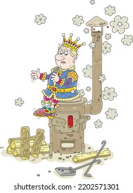 Freezing angry king warming himself on a small wood-burned stove with a smoking chimney on a very cold winter day, vector cartoon illustration isolated on a white background