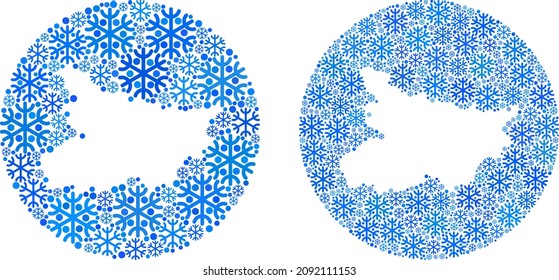 Freezing Bihar State map collage is designed with circle and subtracted shape. Vector Bihar State map collage of snow parts in variable sizes and blue color tints. Designed for New Year templates.