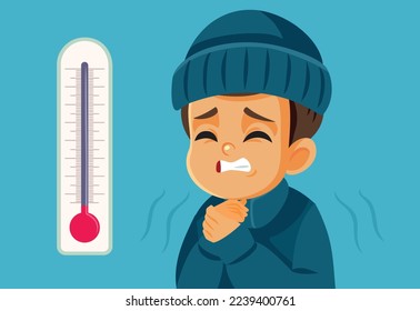 
Freezing Boy Suffering in Cold Weather Vector Cartoon Illustration. Unhappy child disliking bad freezing season trembling and shivering 
