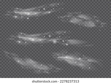 Freezing breath curve trails. Cold wind with snow blow, winter weather with white smoke flying snowflakes. Christmas effect of a cold blizzard. Flow snowy smoky stream, icy vapor. Vector illustration