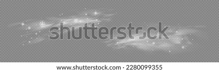 Freezing breath curve trails. Cold wind with snow blow, winter weather with white smoke flying snowflakes. Christmas effect of a cold blizzard. Flow snowy smoky stream, icy vapor. Vector illustration