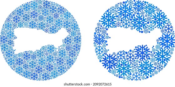 Freezing Capri Island map mosaic designed with circle and cut out shape. Vector Capri Island map mosaic of ice items in variable sizes and blue color tones. Designed for New Year applications.