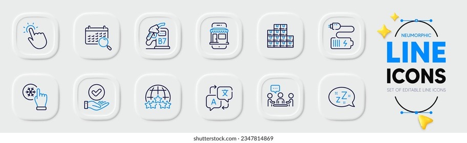 Clic congelante, Touchpoint y iconos de la línea de suspensión para la aplicación web. Paquete de baterías, estación diesel, gente chateando iconos de pictograma. Marcas de la casilla de verificación Calendario de búsqueda, Traducir, Aprobado. Vector