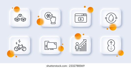 Freezing click, Video content and Computer line icons pack. 3d glass buttons with blurred circles. E-bike, Cold-pressed oil, Swipe up web icon. Parcel shipping, Employee result pictogram. Vector