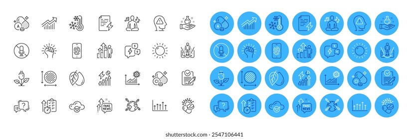 Einfrieren, Cloud-Computing und Wachstumskarte Linien Icons Pack. Augmented Reality, Kein Mikrofon, Fake News Web-Icon. Fragezeichen, Chemielabor, Vitamin-Piktogramm. Psychische Gesundheit. Vektorgrafik