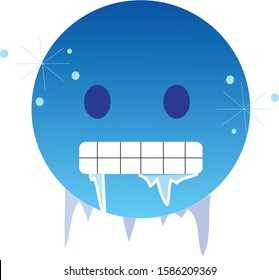 Freezing Cold Emoji. Icy-blue Face With Gritted Teeth With Icicles Clinging To Its Jaw And Lips - Frozen From Extreme Cold. Ice Glittering On Its Face Skin.