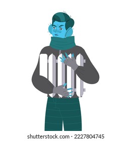 Freezing from Cold Man Character in Scarf Holding Unheated Battery Vector Illustration