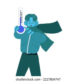 Freezing from Cold Man Character in Scarf Showing Thermometer with Low Temperature Vector Illustration