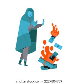 Freezing from Cold Man Character Wrapped in Blanket Warming Near Burning Fire Flame Vector Illustration