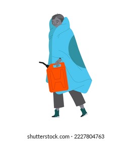 Freezing from Cold Man Character Wrapped in Blanket Holding Petrol Can Vector Illustration