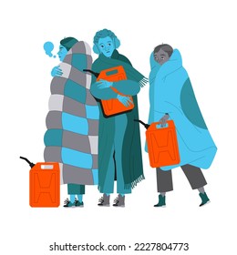 Freezing from Cold Man and Woman Character Wrapped in Blankets Holding Petrol Can Vector Illustration