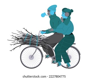 Freezing from Cold Man and Woman Character Riding Bicycle with Brushwoods Vector Illustration