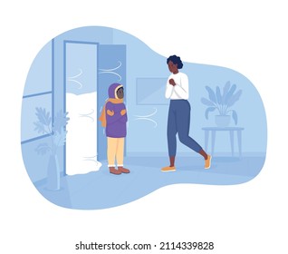 Freezing from cold weather 2D vector isolated illustration. Kid unwell. Child coming home to mother flat characters on cartoon background. Everyday situation and common tasks colourful scene